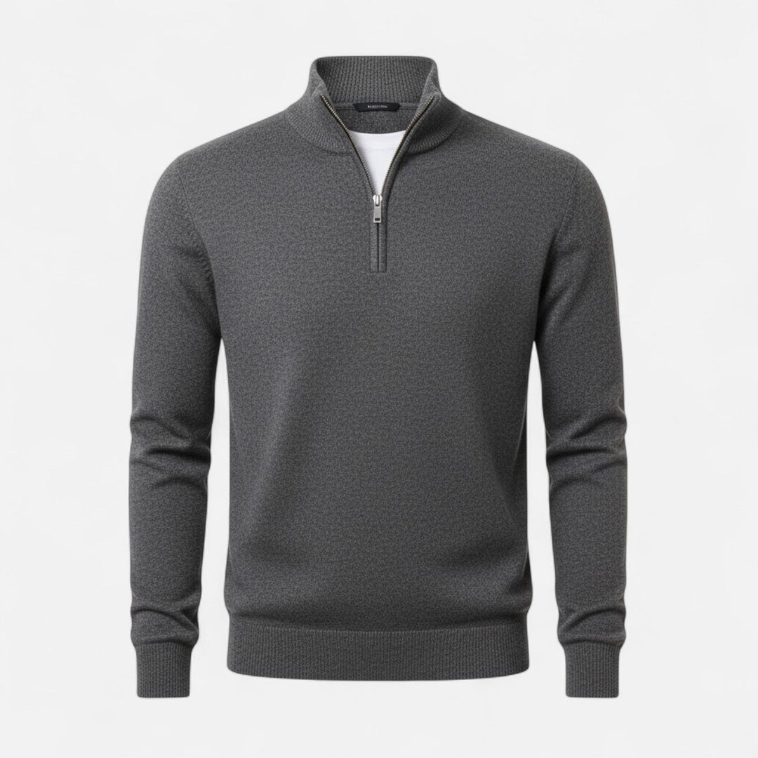 Valmonti Heritage men's sophisticated V-neck sweater, featuring a full zip front