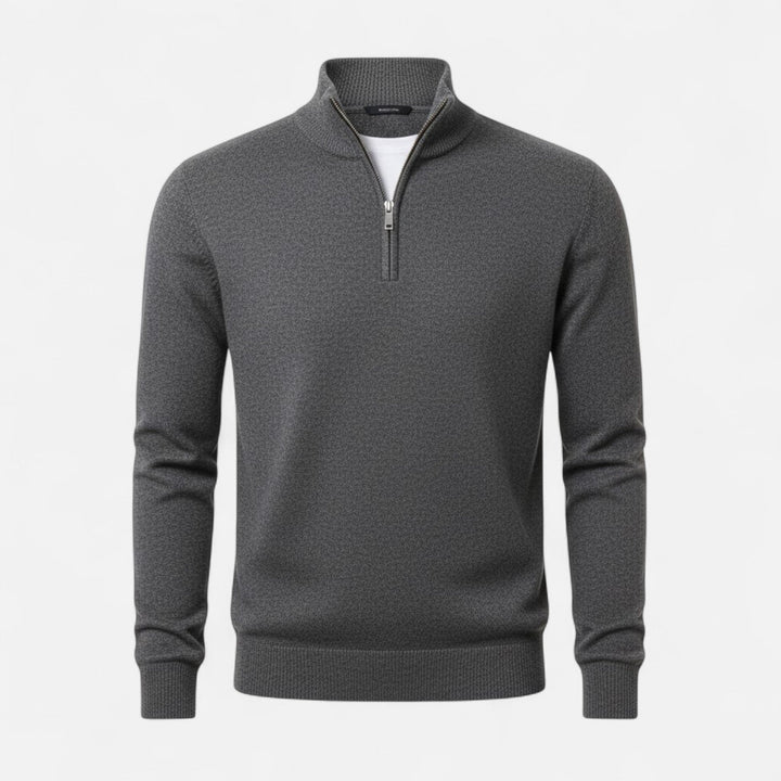 Valmonti Heritage men's sophisticated V-neck sweater, featuring a full zip front