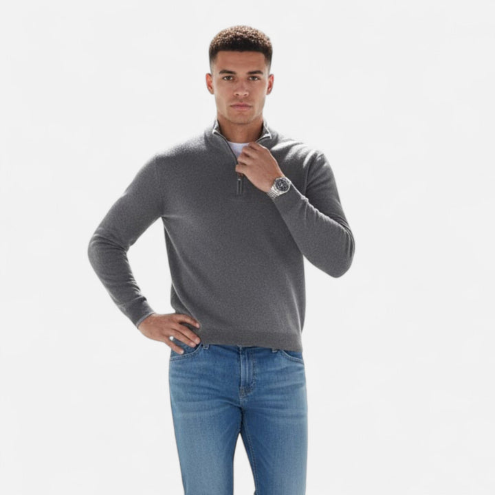 Grey cashmere blend men's V-neck sweater with functional zipper, perfect for winter