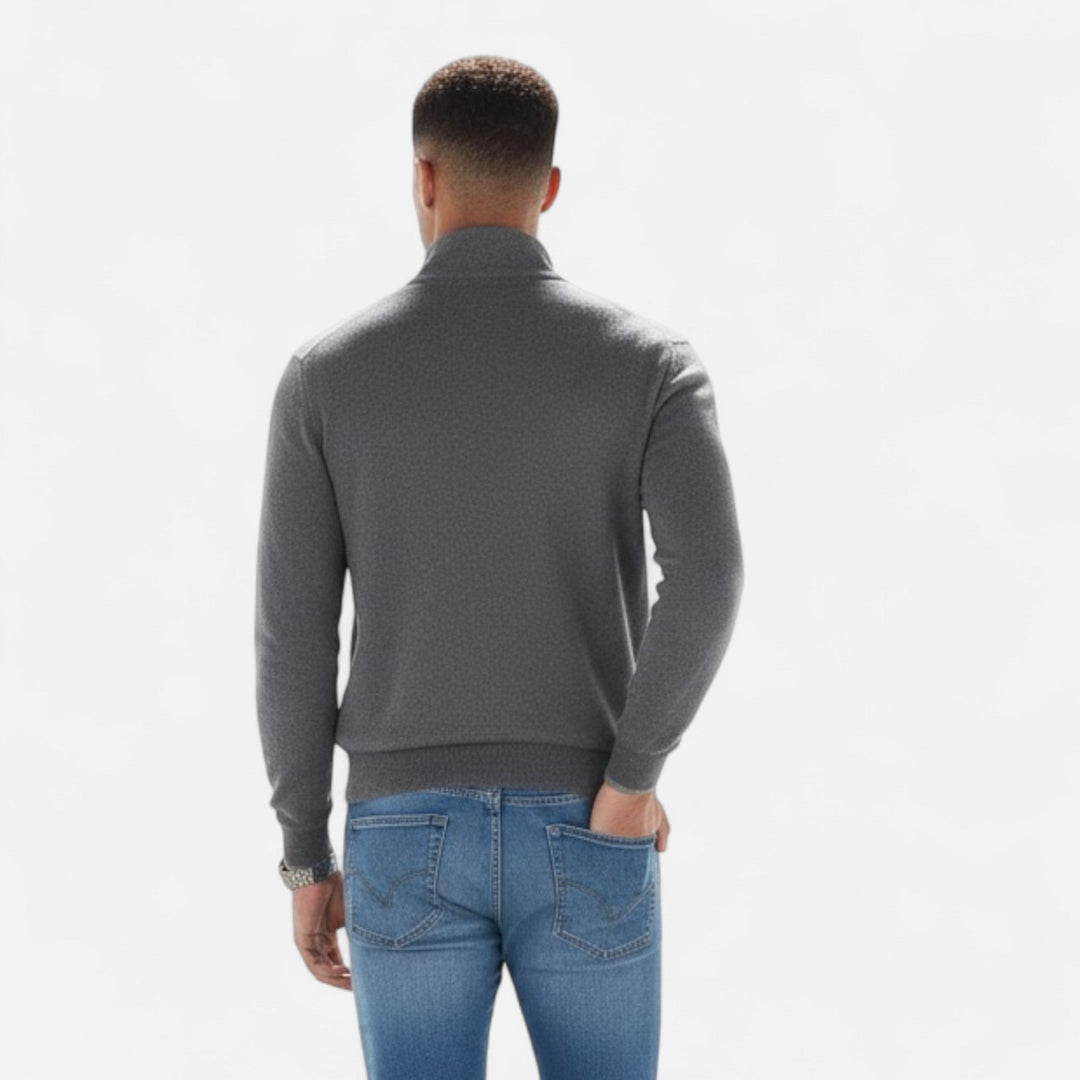 Navy blue men's V-neck long sleeve sweater with zipper, versatile knitwear