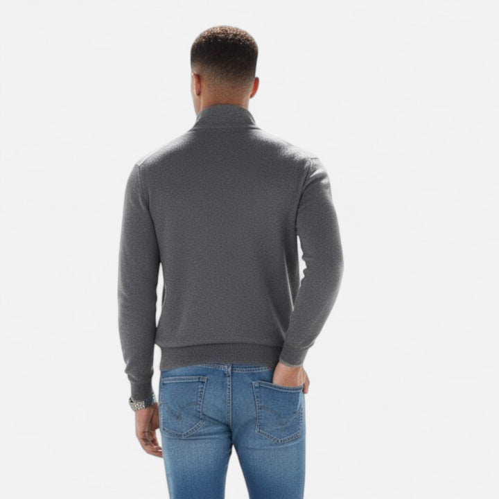 Navy blue men's V-neck long sleeve sweater with zipper, versatile knitwear