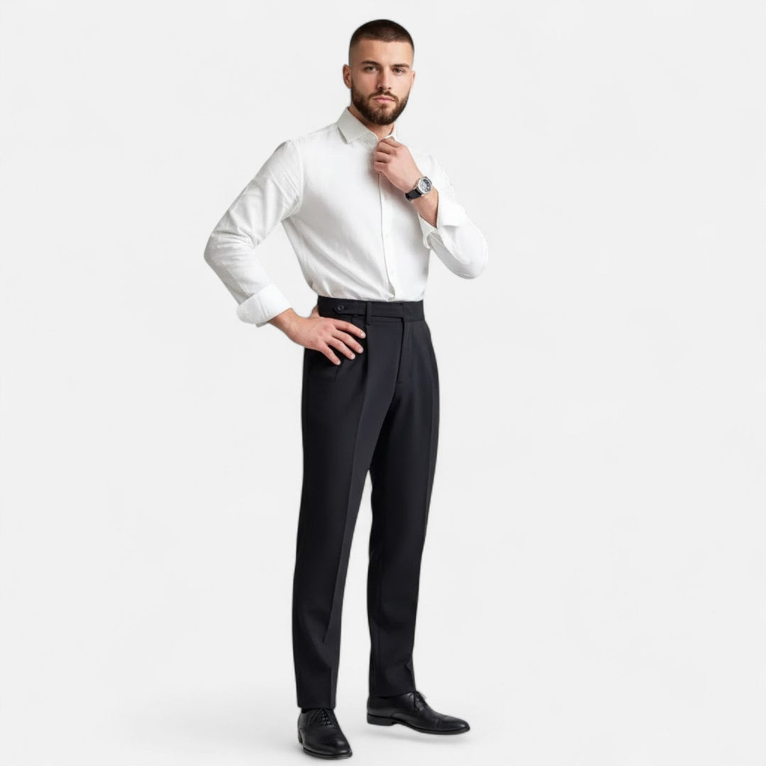 Formal men's dress pants in a classic straight-leg cut, perfect for business.