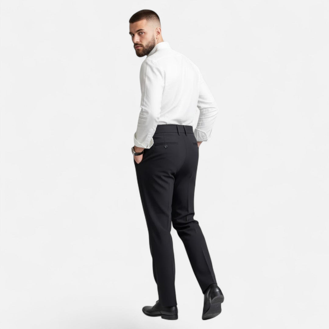 Valmonti tailored fit suit trousers for men, featuring a stylish Paris buckle.