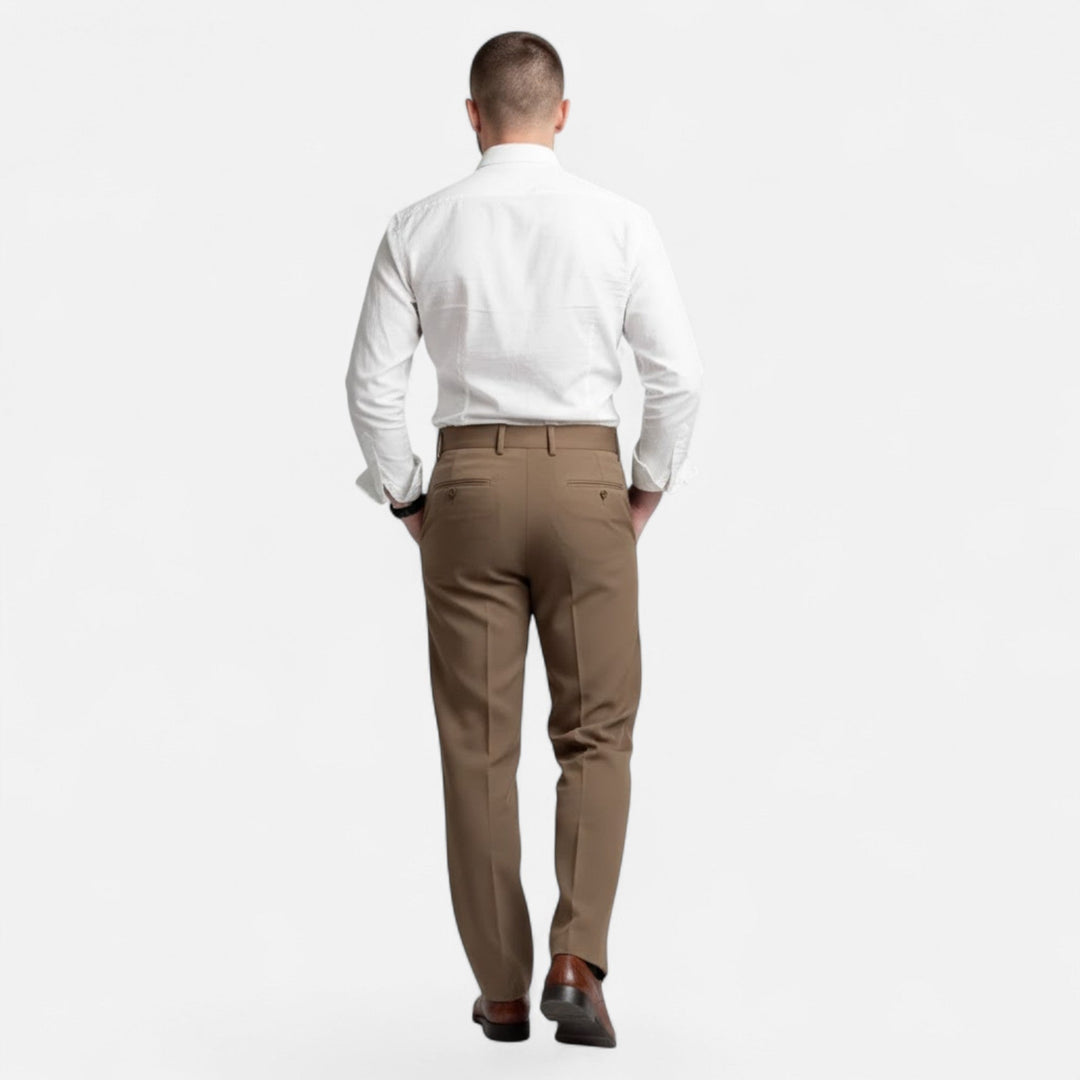 Close-up of the unique Paris buckle on men's straight-leg Valmonti trousers.