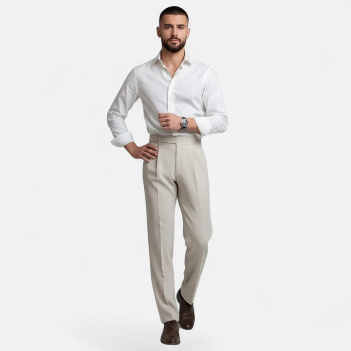 Valmonti men's formal wear: sharp straight-leg trousers with a distinctive buckle.