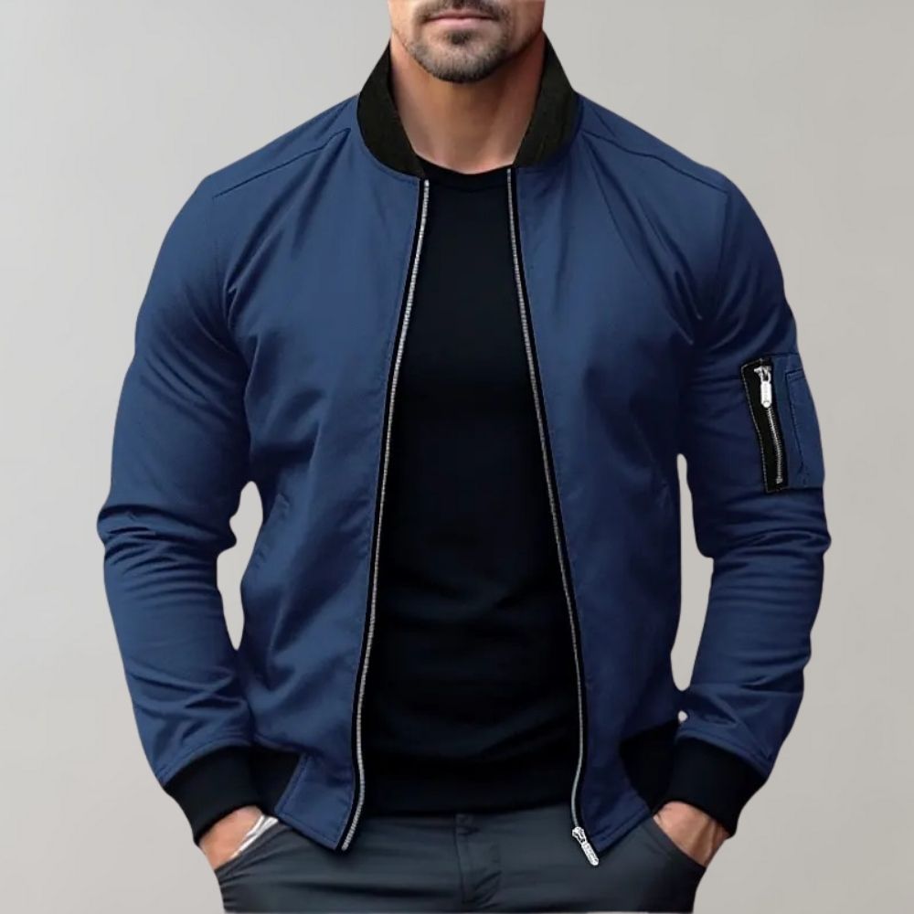 Men's versatile black zip-up bomber jacket, perfect for fall fashion and casual style.