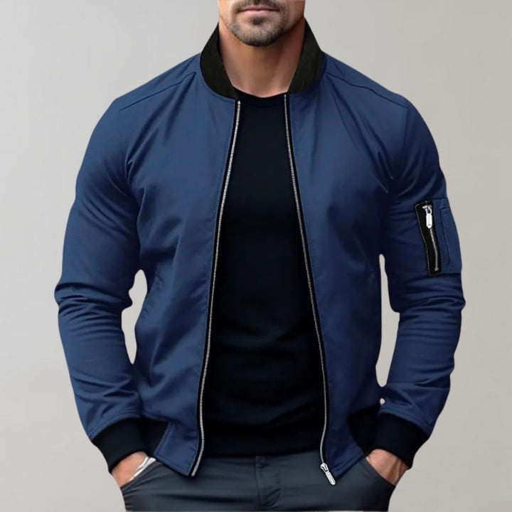 Men's versatile black zip-up bomber jacket, perfect for fall fashion and casual style.
