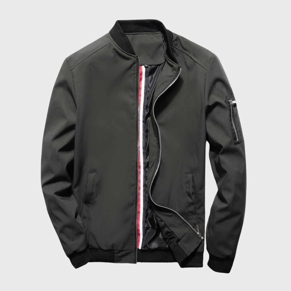 Close-up of ribbed cuffs on a men's versatile bomber jacket, showcasing quality details and fit.
