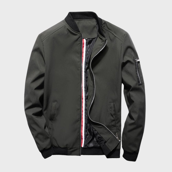 Close-up of ribbed cuffs on a men's versatile bomber jacket, showcasing quality details and fit.