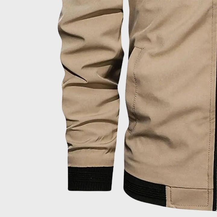 Men's fall fashion bomber jacket: a casual, long-sleeve zip-up with ribbed trim.