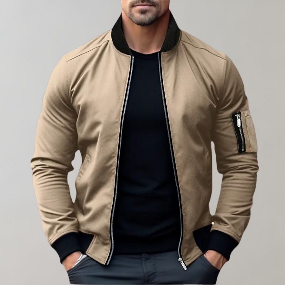 Stylish men's bomber jacket with ribbed cuffs and long sleeves, ideal for spring outerwear.