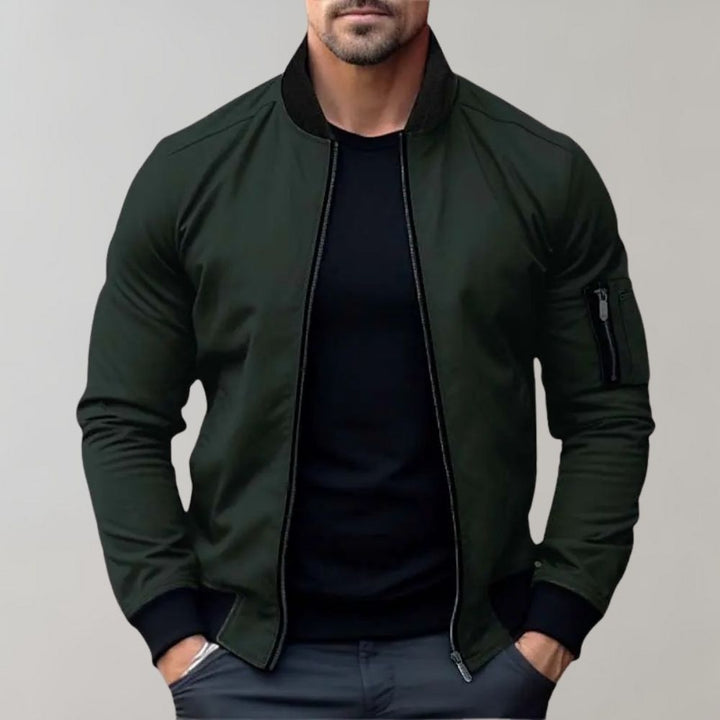 Classic men's outerwear: a stylish bomber jacket with front zip, suitable for fall and spring.