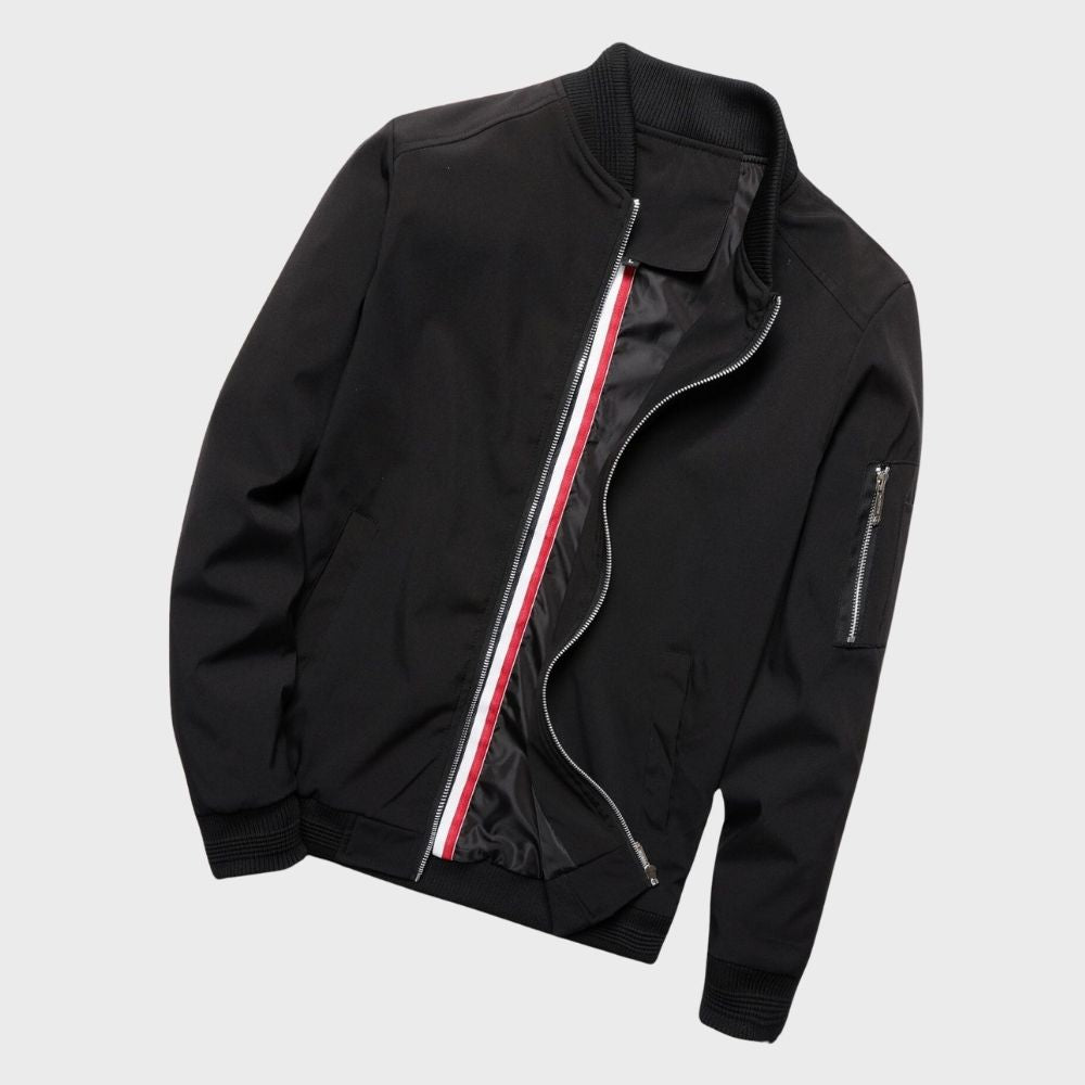 Front view of a men's stylish bomber jacket, perfect zip-up outerwear for any season.
