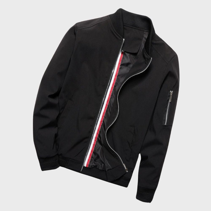 Front view of a men's stylish bomber jacket, perfect zip-up outerwear for any season.