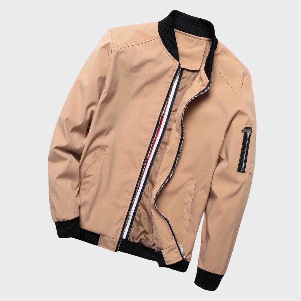 Men's black zip-up bomber jacket, a versatile piece of casual outerwear with ribbed details.
