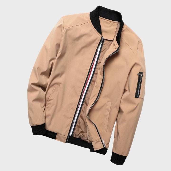 Men's black zip-up bomber jacket, a versatile piece of casual outerwear with ribbed details.