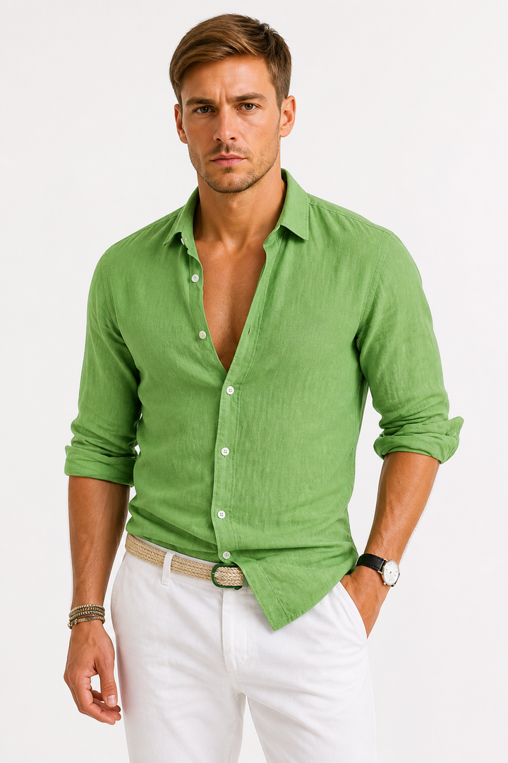Modern men's oxford shirt with rolled sleeves, a comfortable and versatile top for various occasions.
