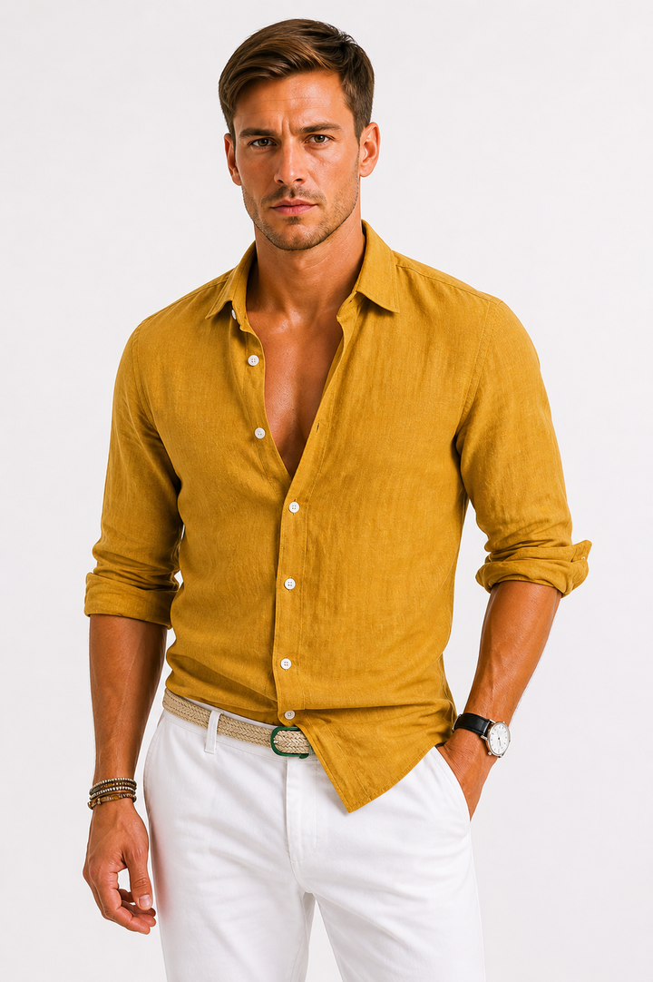 High-quality men's oxford shirt, shown with rolled long sleeves, suitable for casual & smart casual.