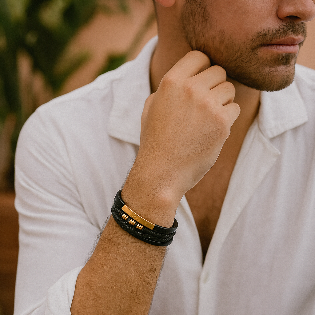 Stylish men's wristwear, a versatile bracelet blending formal elegance with casual masculinity. Accessorize any look.