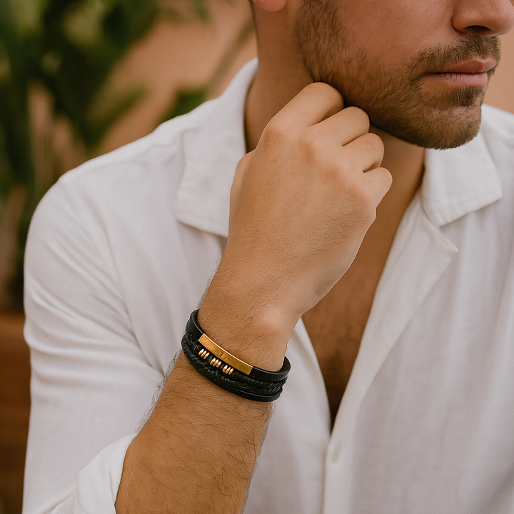 Stylish men's wristwear, a versatile bracelet blending formal elegance with casual masculinity. Accessorize any look.
