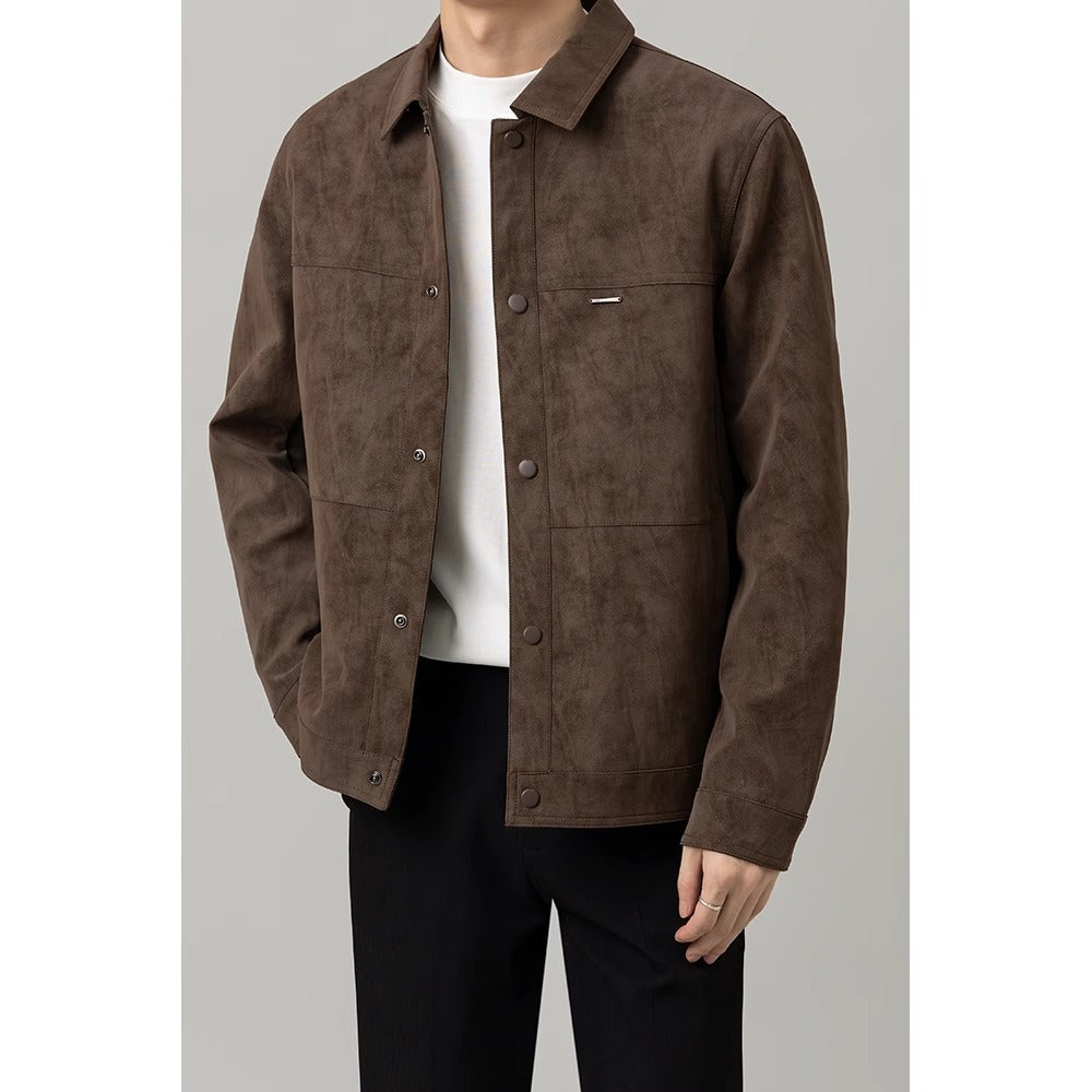 Men's versatile button-down shirt jacket in a neutral shade, perfect for stylish layering in fall & spring.