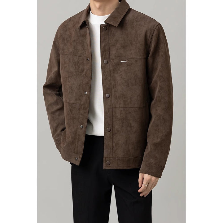 Men's versatile button-down shirt jacket in a neutral shade, perfect for stylish layering in fall & spring.