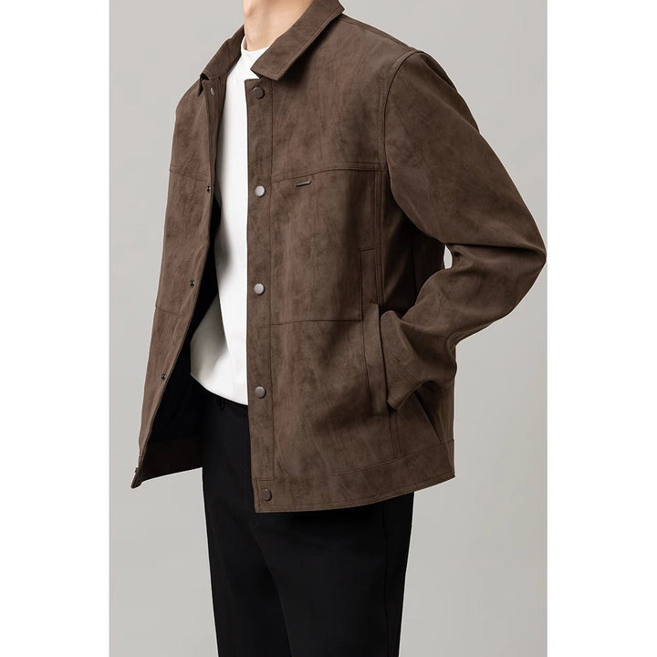 Close-up of a men's casual button-down shirt jacket, showcasing its texture & durable fabric for outerwear.