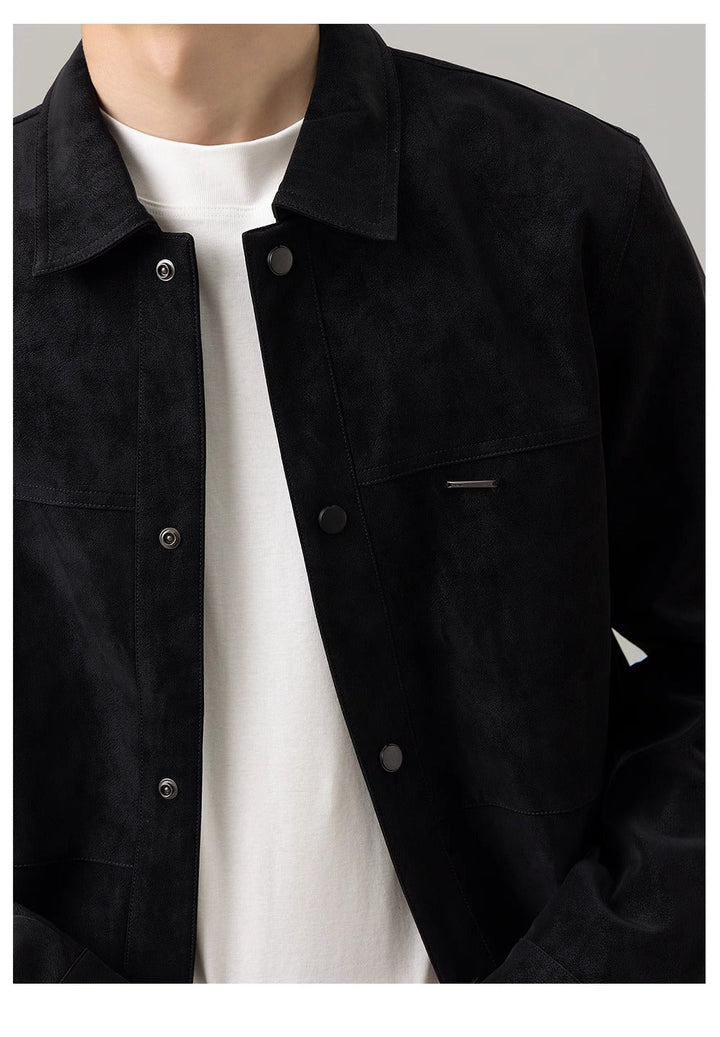 Full shot of a man wearing a stylish button-down shirt jacket, showcasing its modern fit & casual appeal.