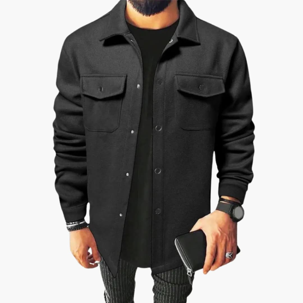 Casual men's long-sleeve button-up shirt jacket. Light transitional shacket for everyday layering.