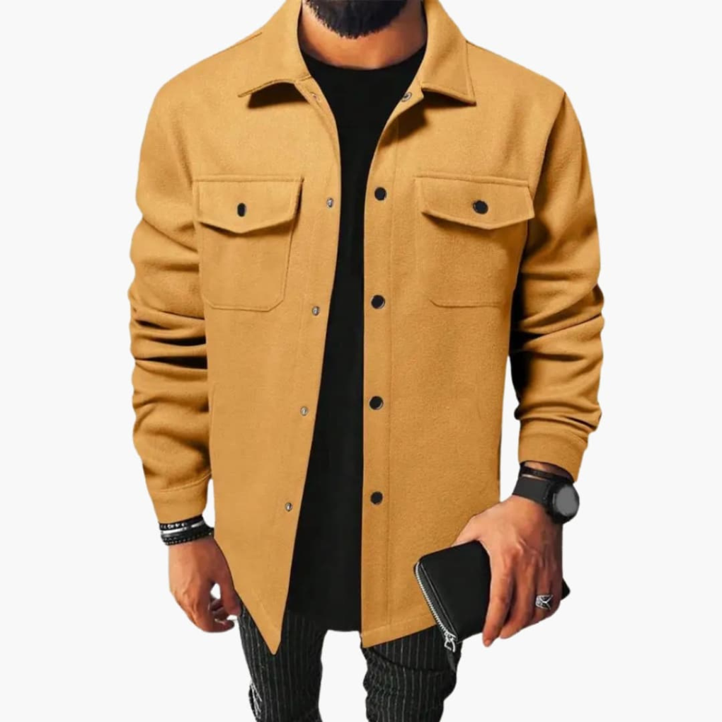 Modern men's fashion button-up shirt jacket. Versatile casual outerwear, great for layering in any season.