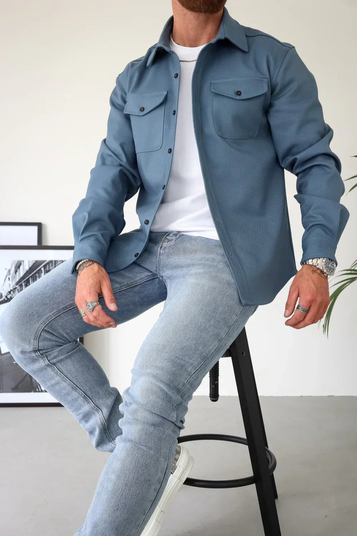 Men's versatile outerwear: a button-up overshirt jacket for fall and spring layering.