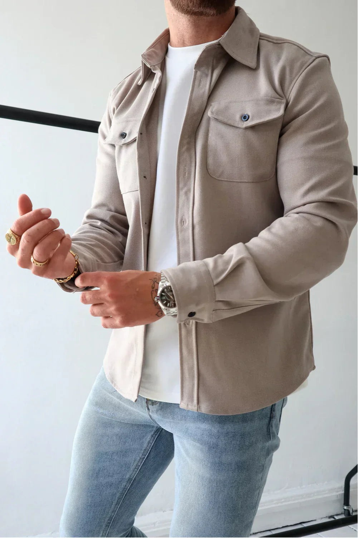 Modern men's button-up shirt jacket, ideal for casual everyday style and versatile layering.
