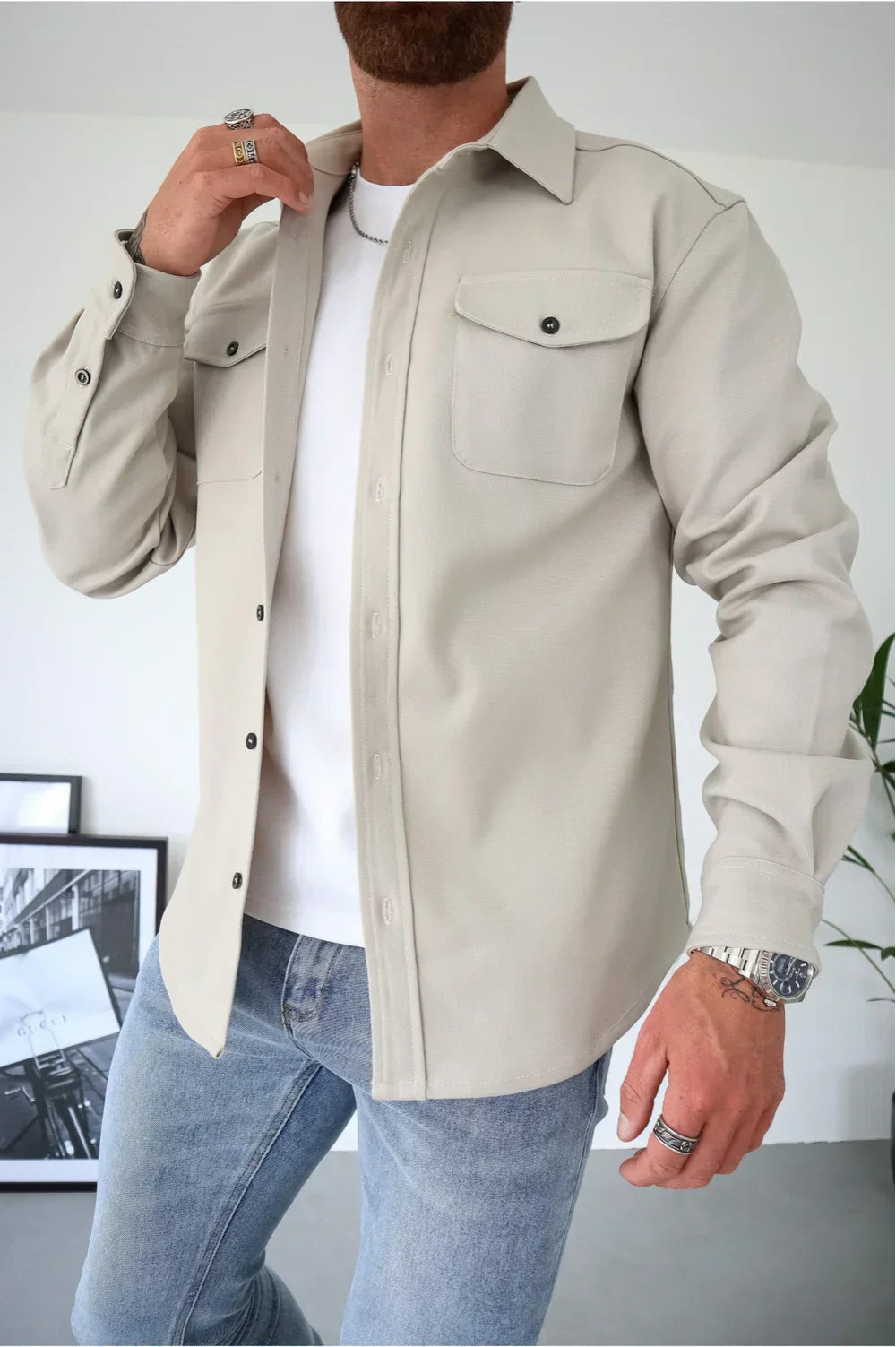 Everyday men's casual overshirt jacket, long-sleeve button-up for effortless layering.