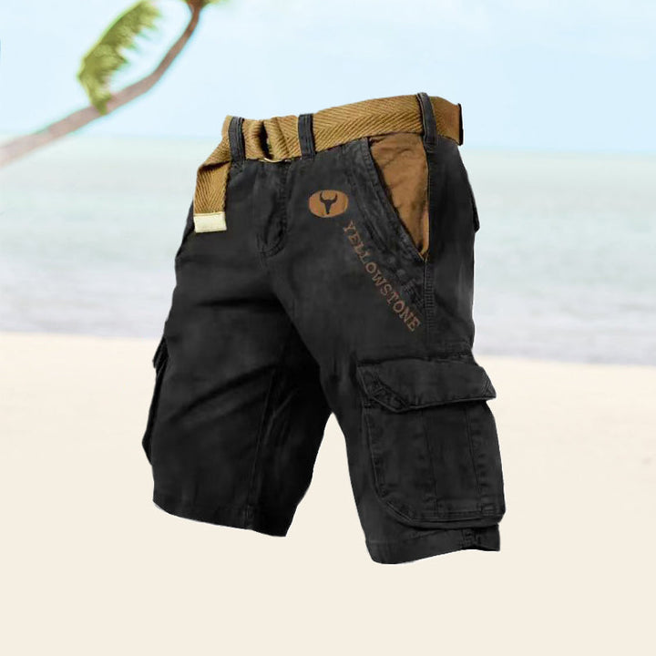 Stylish navy blue men's cargo shorts offering comfort and a relaxed fit for summer.