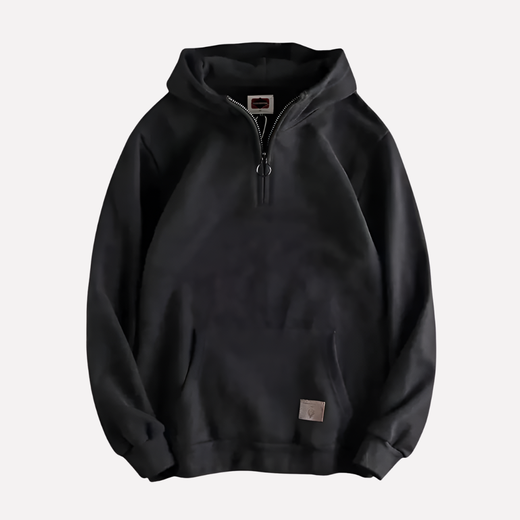 Comfortable men's half-zip pullover hoodie, great for everyday wear and versatile men's fashion looks.
