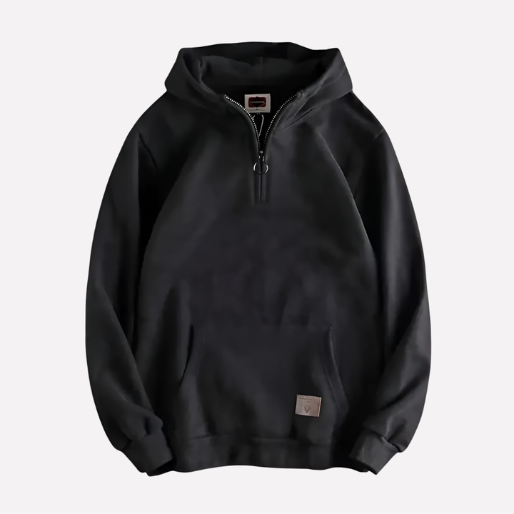 Comfortable men's half-zip pullover hoodie, great for everyday wear and versatile men's fashion looks.