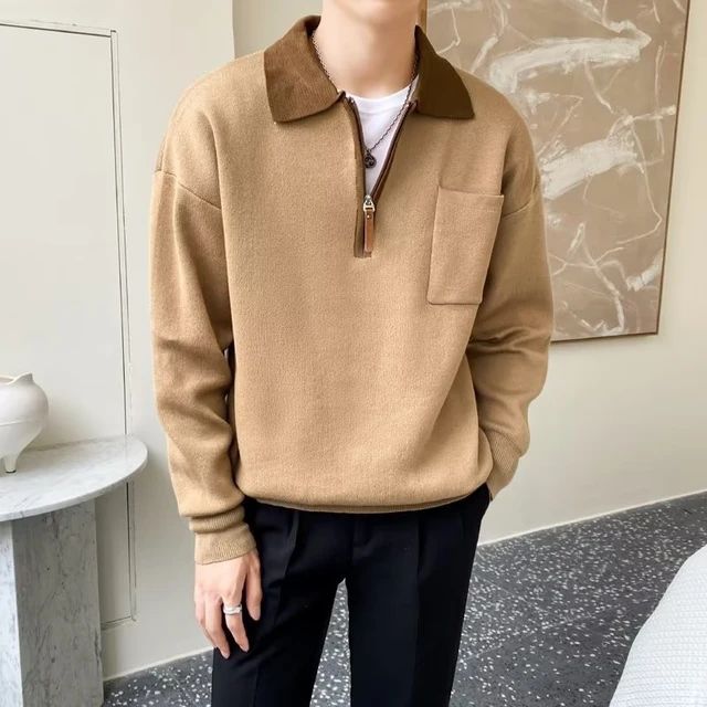 Stylish men's casual knit half-zip sweater with a polo collar for versatile, comfortable, smart casual wear.