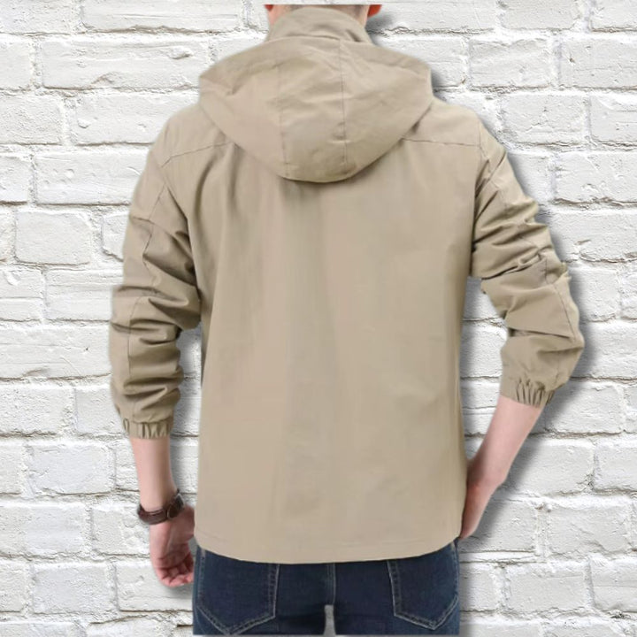 Side view of a men's versatile outerwear jacket, hooded for casual style.