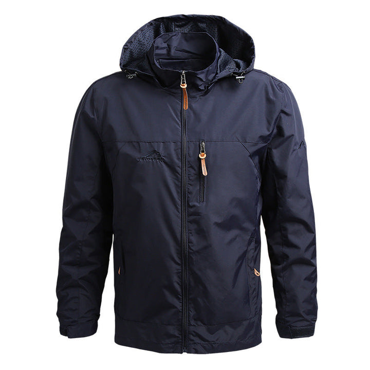 Back view of a men's everyday casual jacket with an adjustable hood.