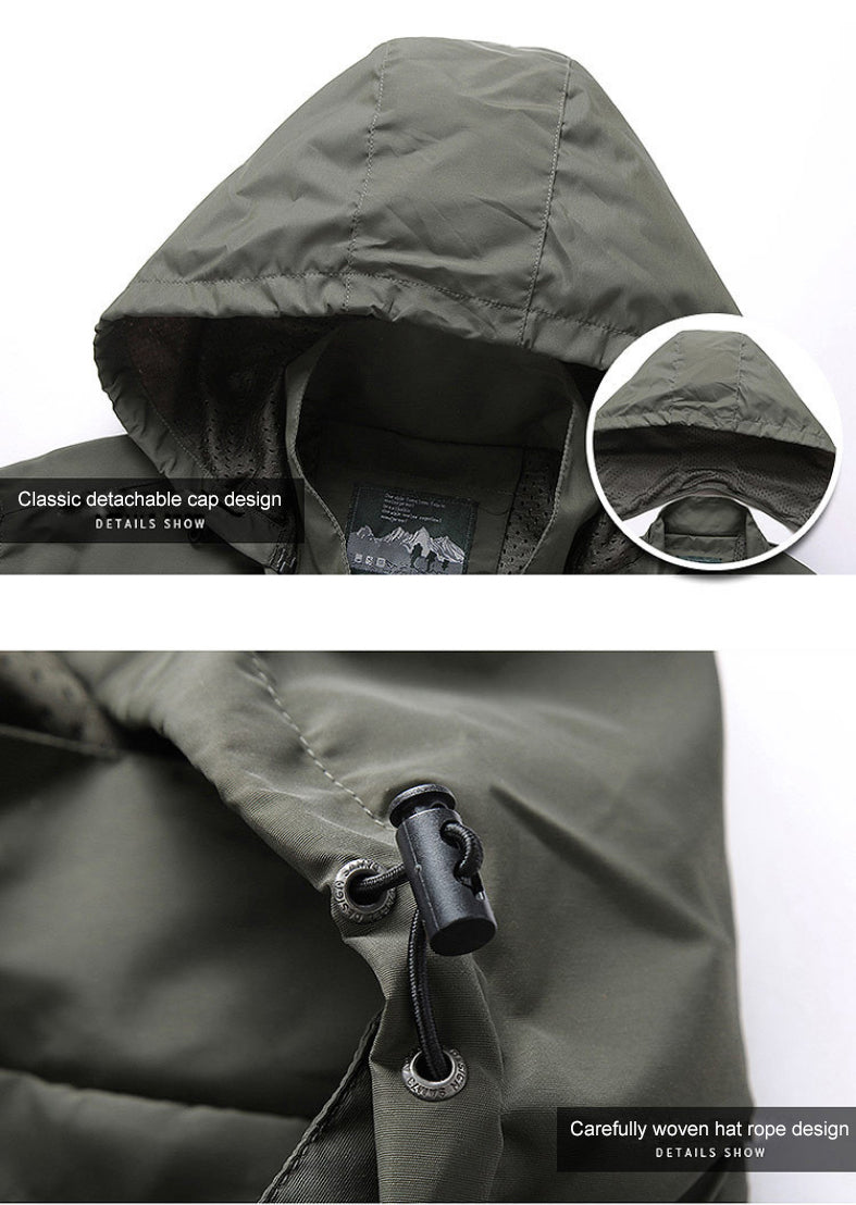 Zipper detail on a men's hooded casual jacket, great for everyday adventures.