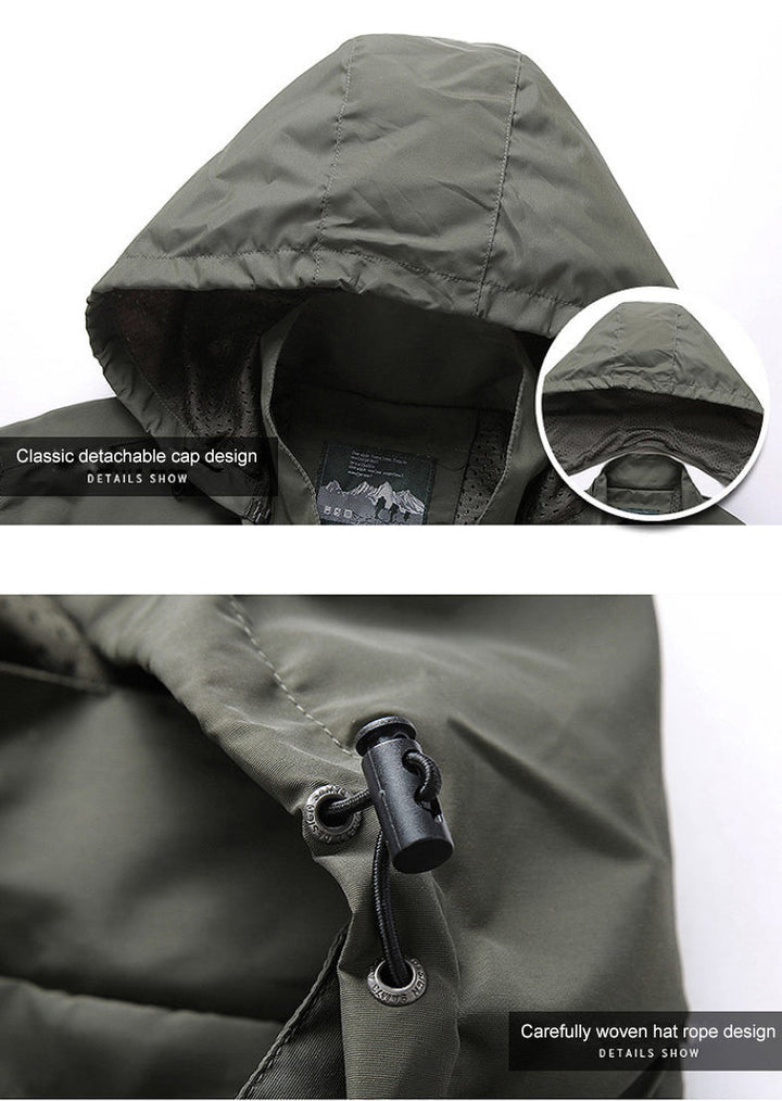 Zipper detail on a men's hooded casual jacket, great for everyday adventures.