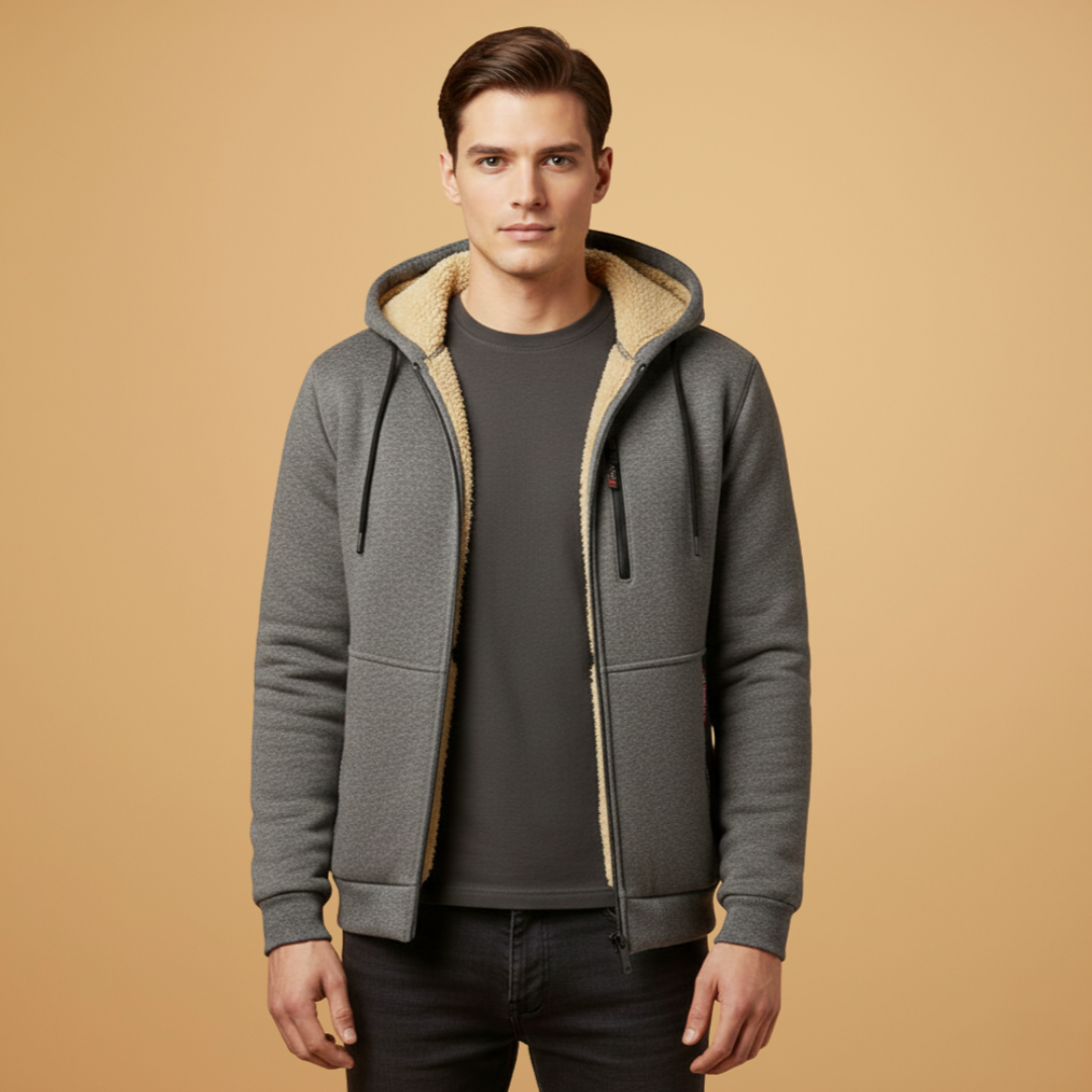 Essential men's hooded jacket with practical zipper pockets, offering comfort and style for any casual outfit.