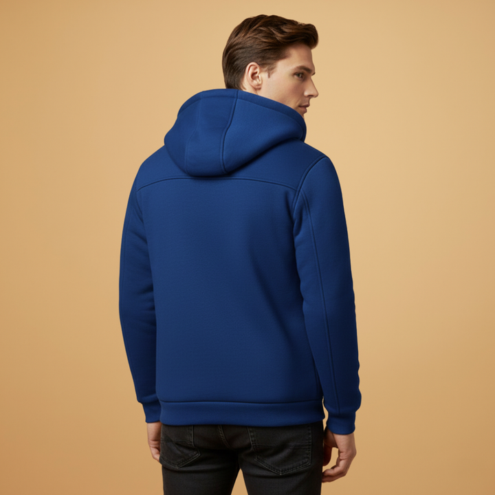 Stylish men's outerwear: a versatile hooded jacket, perfect for layering, featuring convenient zipper pockets.