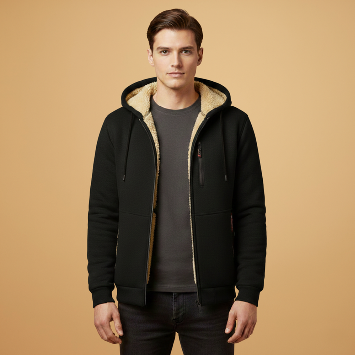 Front view of a men's versatile hooded jacket, displaying zipper pockets & its casual, comfortable design.