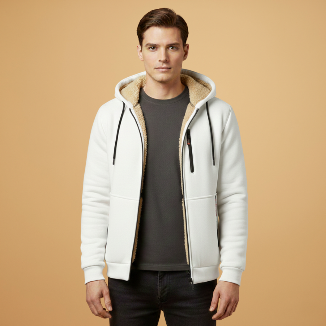 Men's fashion: a comfortable hooded jacket with zipper pockets, suitable for casual outerwear and versatility.