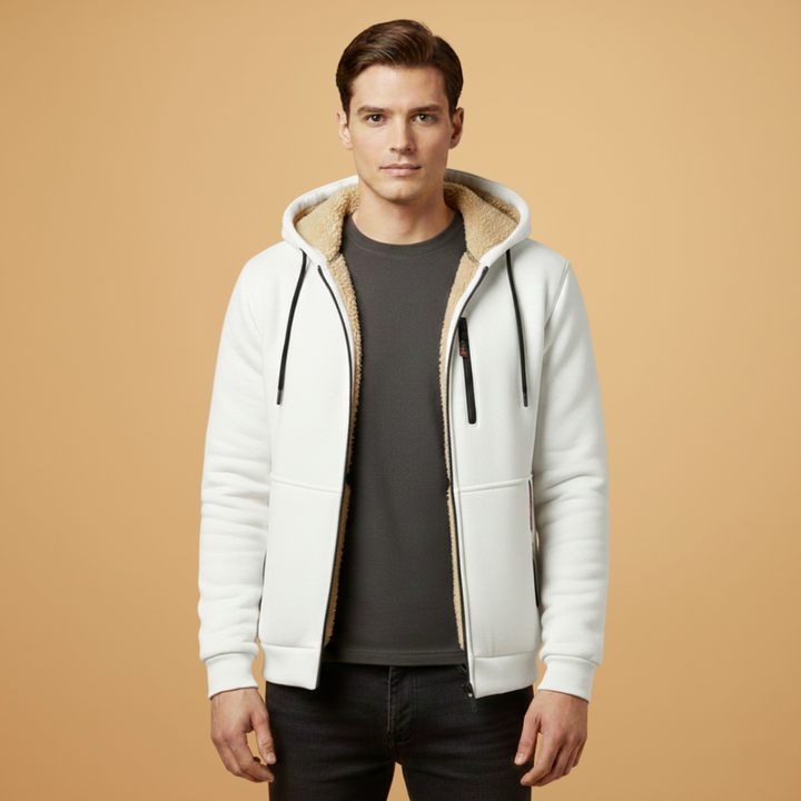 Men's fashion: a comfortable hooded jacket with zipper pockets, suitable for casual outerwear and versatility.