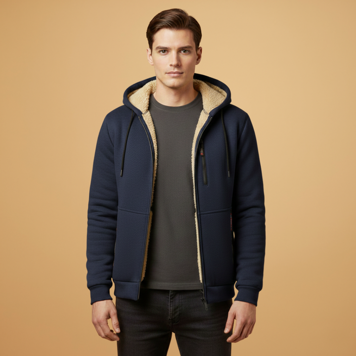 Durable men's hooded zipper jacket, designed for everyday wear, featuring secure pockets & a versatile style.