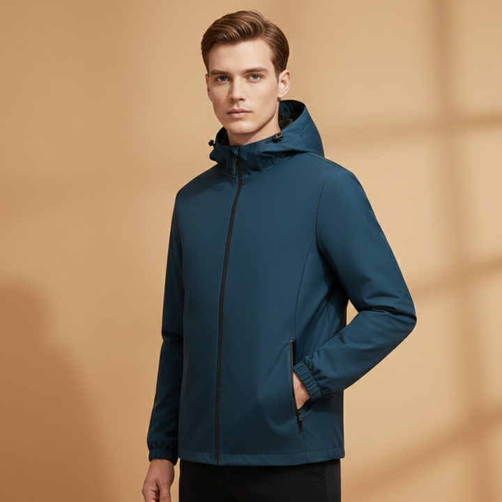 Stylish men's windbreaker jacket with hood and convenient full front zip.