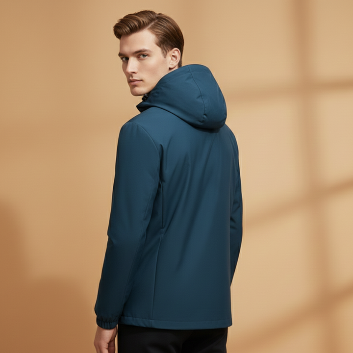 Durable men's hooded jacket featuring a full zip and secure zip pockets.