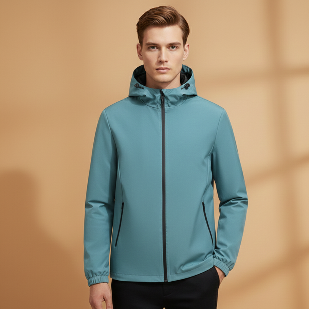 Men's comfortable outerwear: a hooded jacket with a full zip closure.